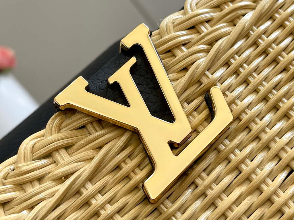 LV M55011 Louis Vuitton Capucines BB Handbag Straw Leather Beige Black