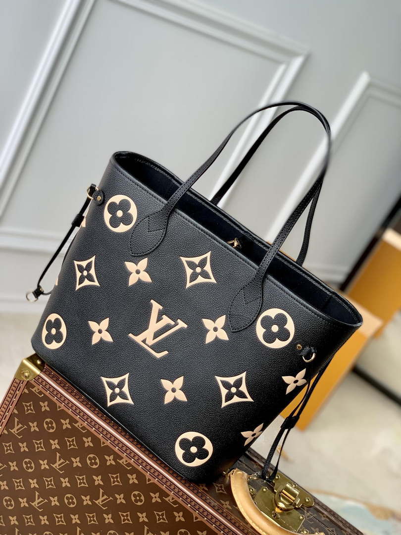 LV M58907 Louis Vuitton Neverfull MM Bag M45685 Monogram Empreinte Leather Black with Beige Logo - Default Title - View 1
