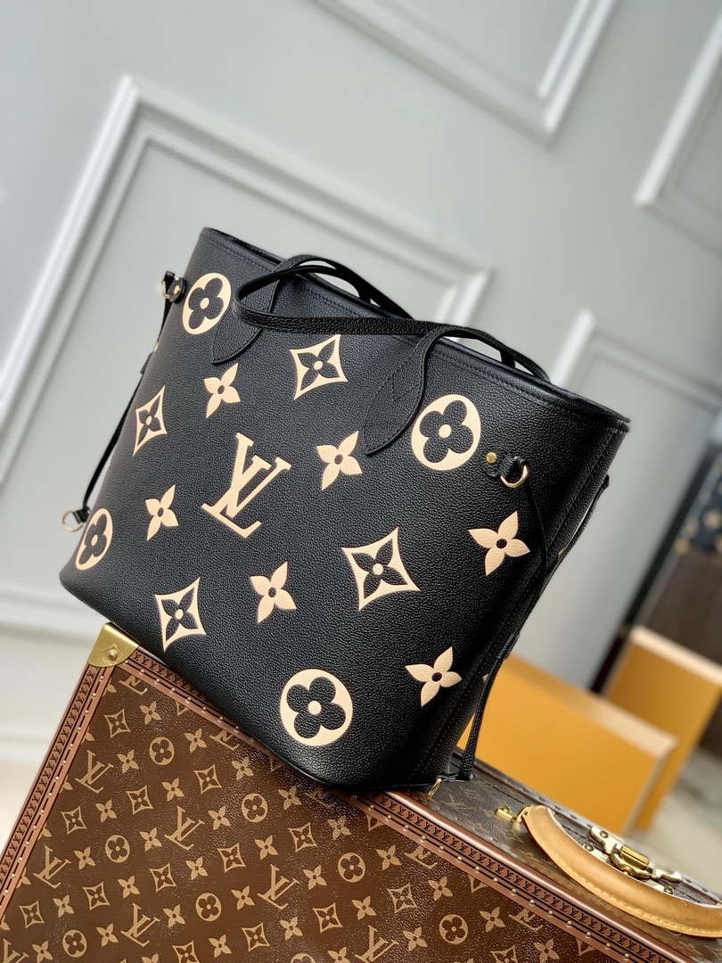 LV M58907 Louis Vuitton Neverfull MM Bag M45685 Monogram Empreinte Leather Black with Beige Logo