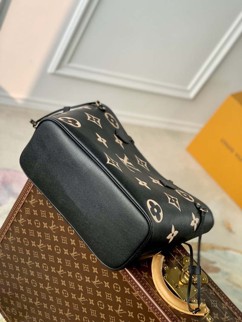 LV M58907 Louis Vuitton Neverfull MM Bag M45685 Monogram Empreinte Leather Black with Beige Logo