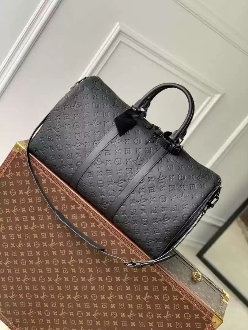 LV M59025 Louis Vuitton Keepall Bandouliere 50 Travel Bag Monogram taurillon leather Black