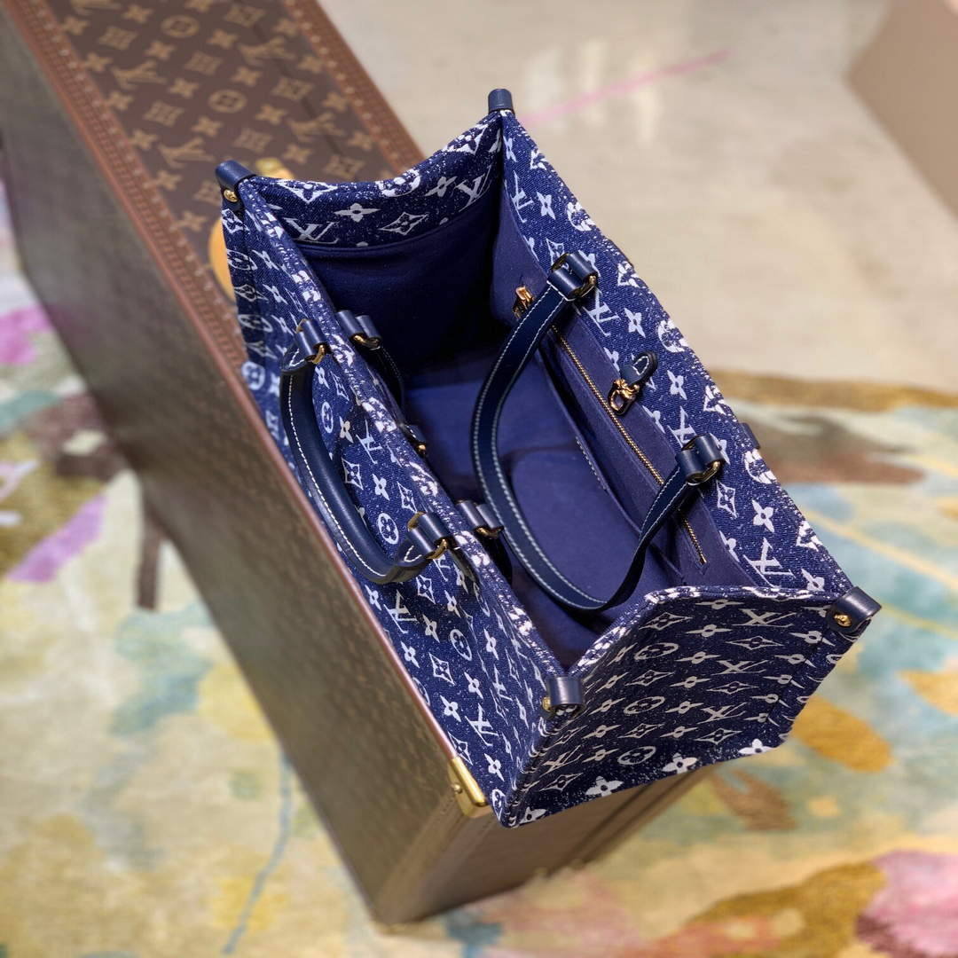 LV M59608 Louis Vuitton Onthego MM Denim Leather Bag