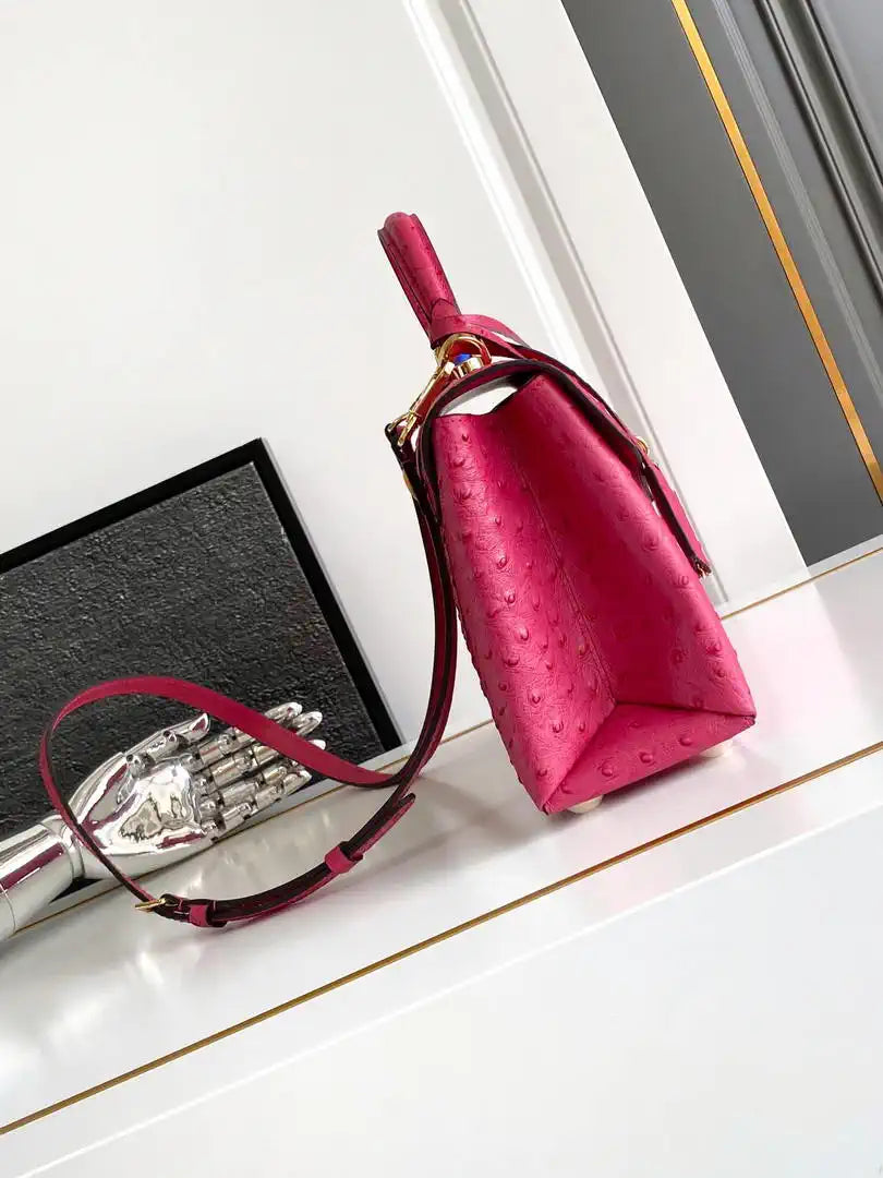 LV M87107 Louis Vuitton Ostrich Rose Des Vents MM Rose Red