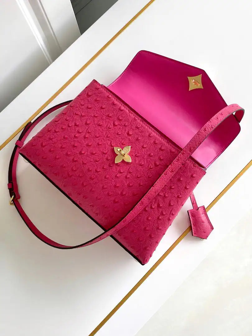LV M87107 Louis Vuitton Ostrich Rose Des Vents MM Rose Red