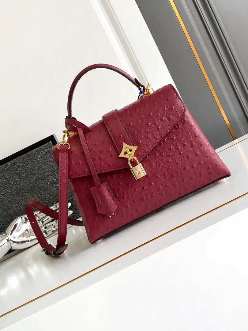 LV M87107 Louis Vuitton Ostrich Rose Des Vents MM Wine red