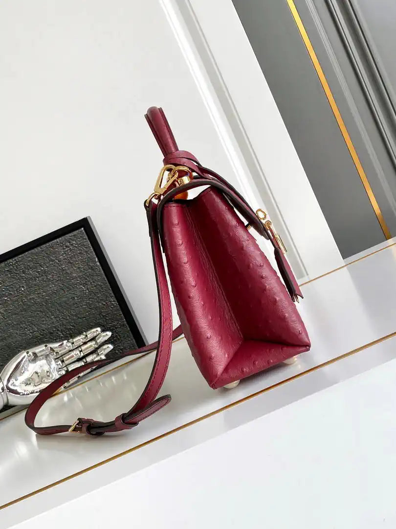 LV M87107 Louis Vuitton Ostrich Rose Des Vents MM Wine red