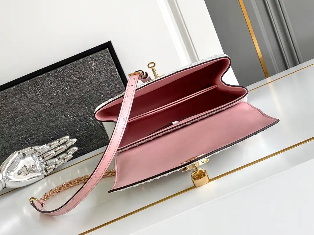LV M87107 Louis Vuitton Ostrich Rose Des Vents MM White