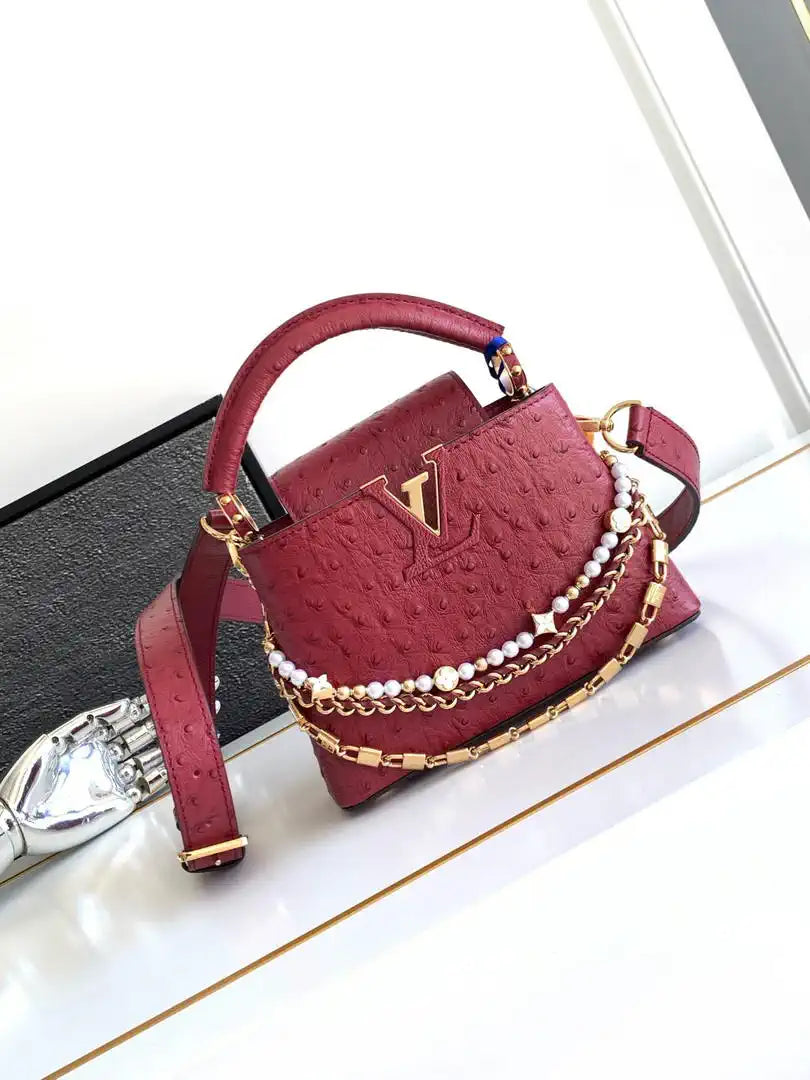 LV M87312 Louis Vuitton Ostrich Capucines Mini Wine Red