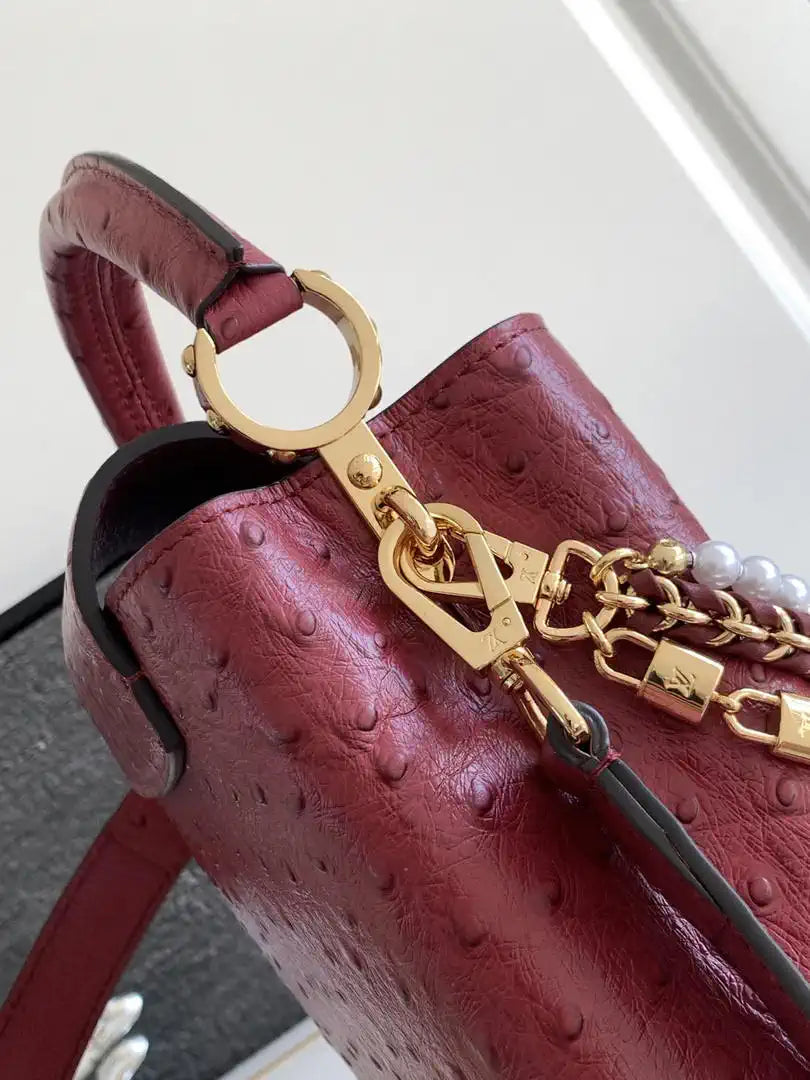LV M87312 Louis Vuitton Ostrich Capucines Mini Wine Red
