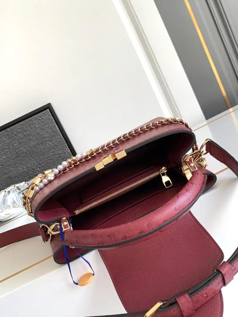 LV M87313 Louis Vuitton Ostrich Capucines BB Wine Red