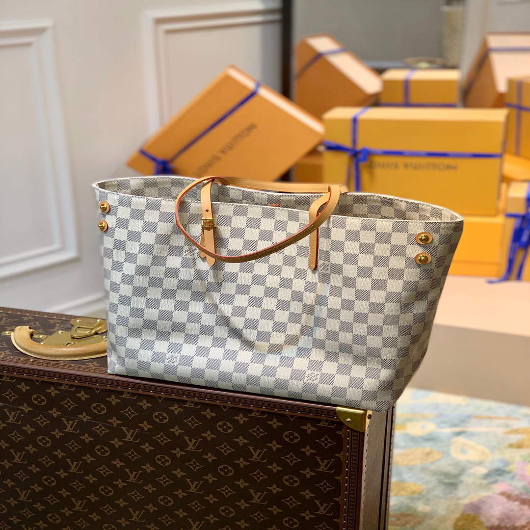 LV N41375 Louis Vuitton Two Tone Plaid Azur Printed Cabas MM Tote Bag - Default Title - View 2