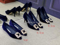 Manolo Blahnik Women¡¯s Shoes Designer Hangisiflat Velvet Shoes 30118 Navy Blue - luxibagsmall