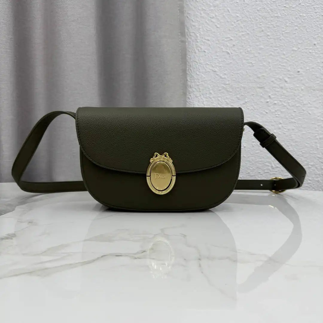 Medium Dior Médaillon Flap Bag M3920QDWP_M900 Olive Green Grained Calfskin - Default Title - View 1