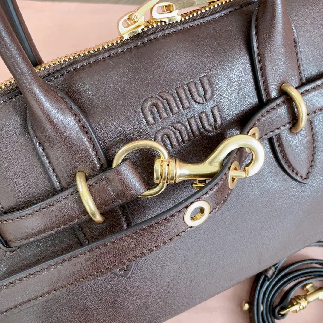MiuMiu 5BB168 Aventure nappa leather top-handle Meduim bag Dark Brown