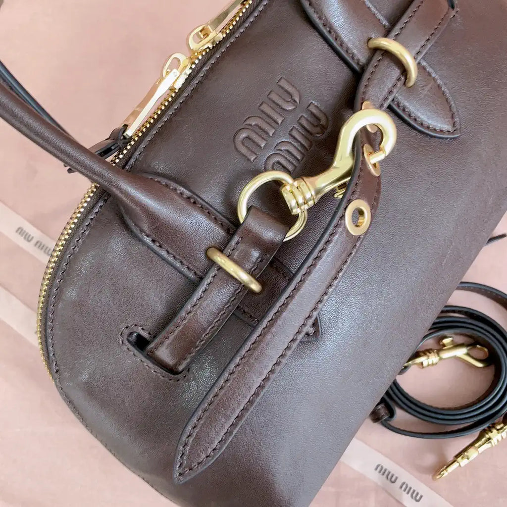 MiuMiu 5BB168 Aventure nappa leather top-handle Meduim bag Dark Brown