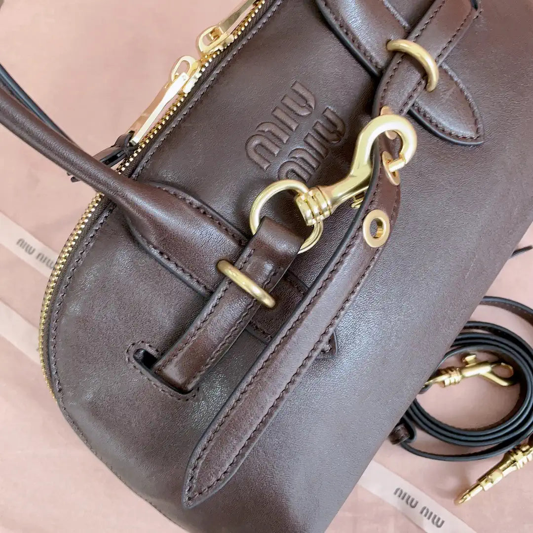 MiuMiu 5BB168 Aventure nappa leather top-handle Meduim bag Dark Brown