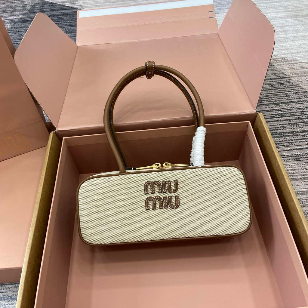 MiuMiu 5BB173 Beau Canvas and Leather Bag Beige/Brandy