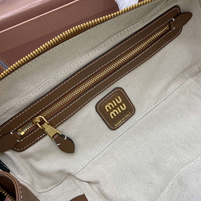 MiuMiu 5BB173 Beau Canvas and Leather Bag Beige/Brandy