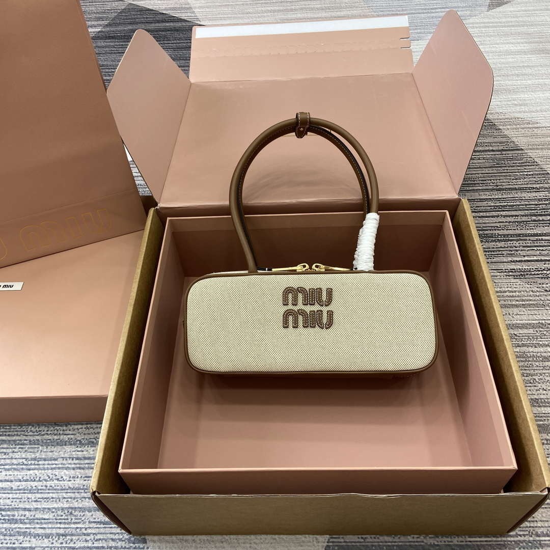 MiuMiu 5BB173 Beau Canvas and Leather Bag Beige/Brandy