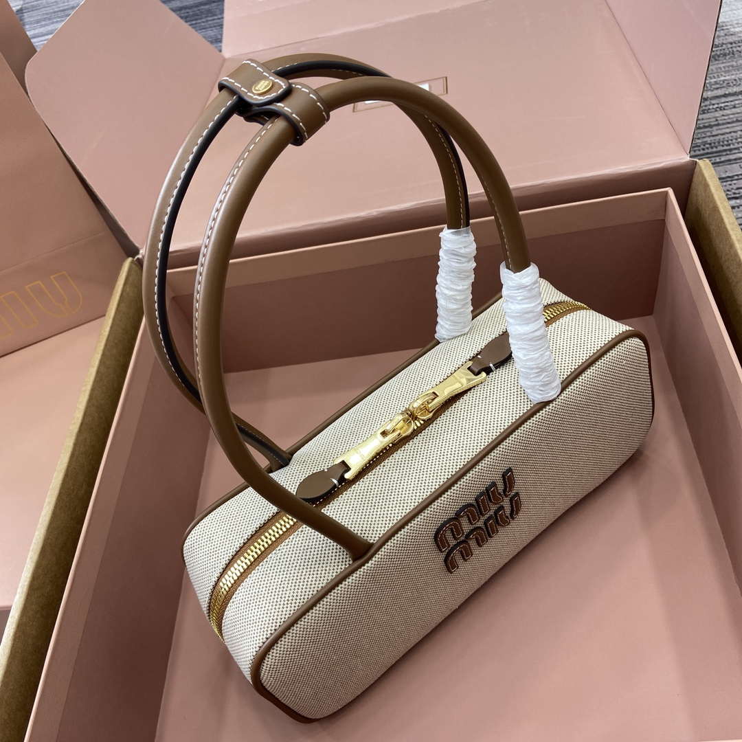 MiuMiu 5BB173 Beau Canvas and Leather Bag Beige/Brandy