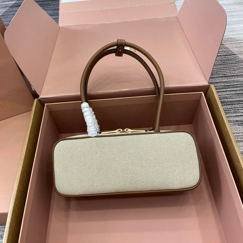 MiuMiu 5BB173 Beau Canvas and Leather Bag Beige/Brandy