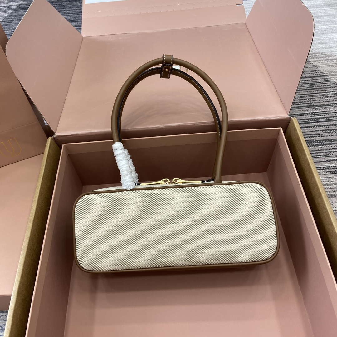 MiuMiu 5BB173 Beau Canvas and Leather Bag Beige/Brandy
