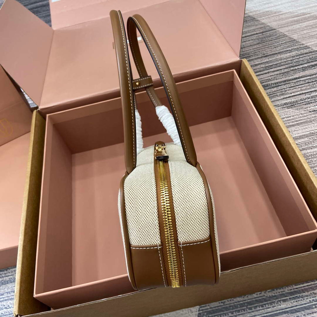 MiuMiu 5BB173 Beau Canvas and Leather Bag Beige/Brandy