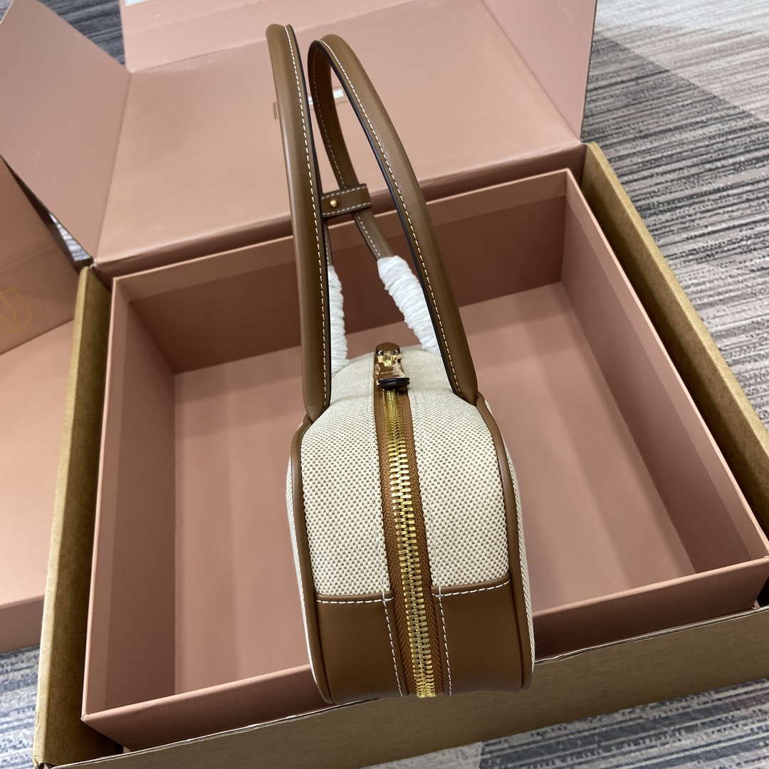 MiuMiu 5BB173 Beau Canvas and Leather Bag Beige/Brandy