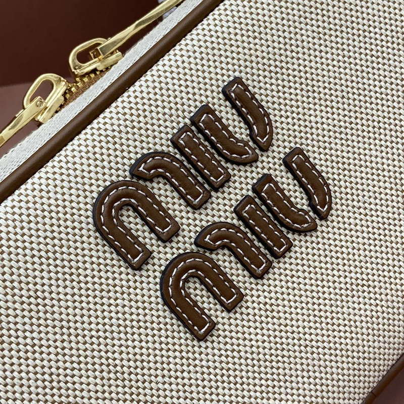 MiuMiu 5BB173 Beau Canvas and Leather Bag Beige/Brandy