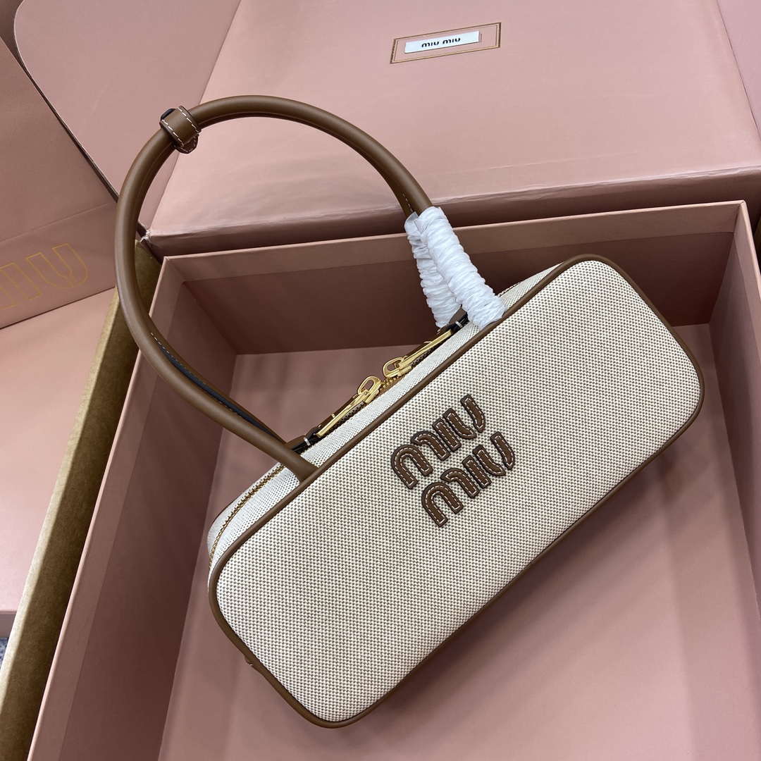 MiuMiu 5BB173 Beau Canvas and Leather Bag Beige/Brandy