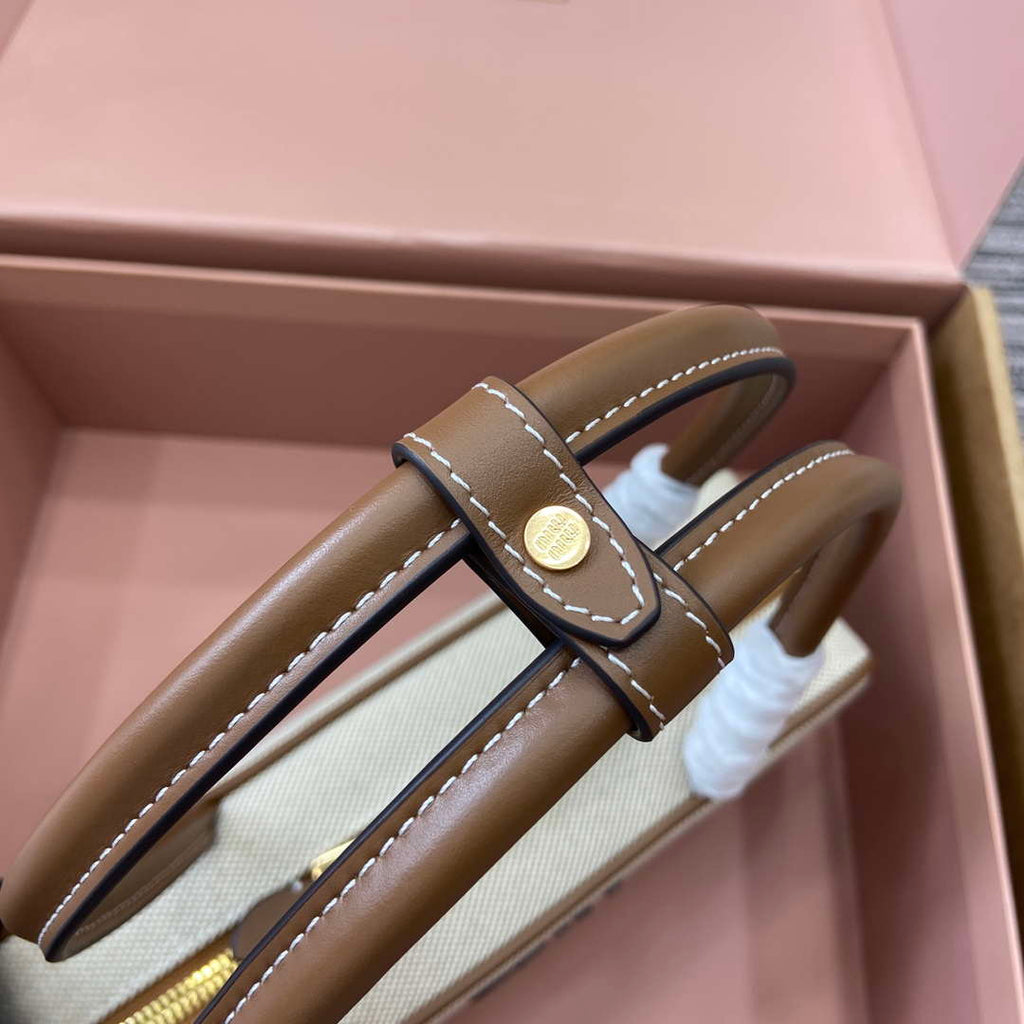 MiuMiu 5BB173 Beau Canvas and Leather Bag Beige/Brandy