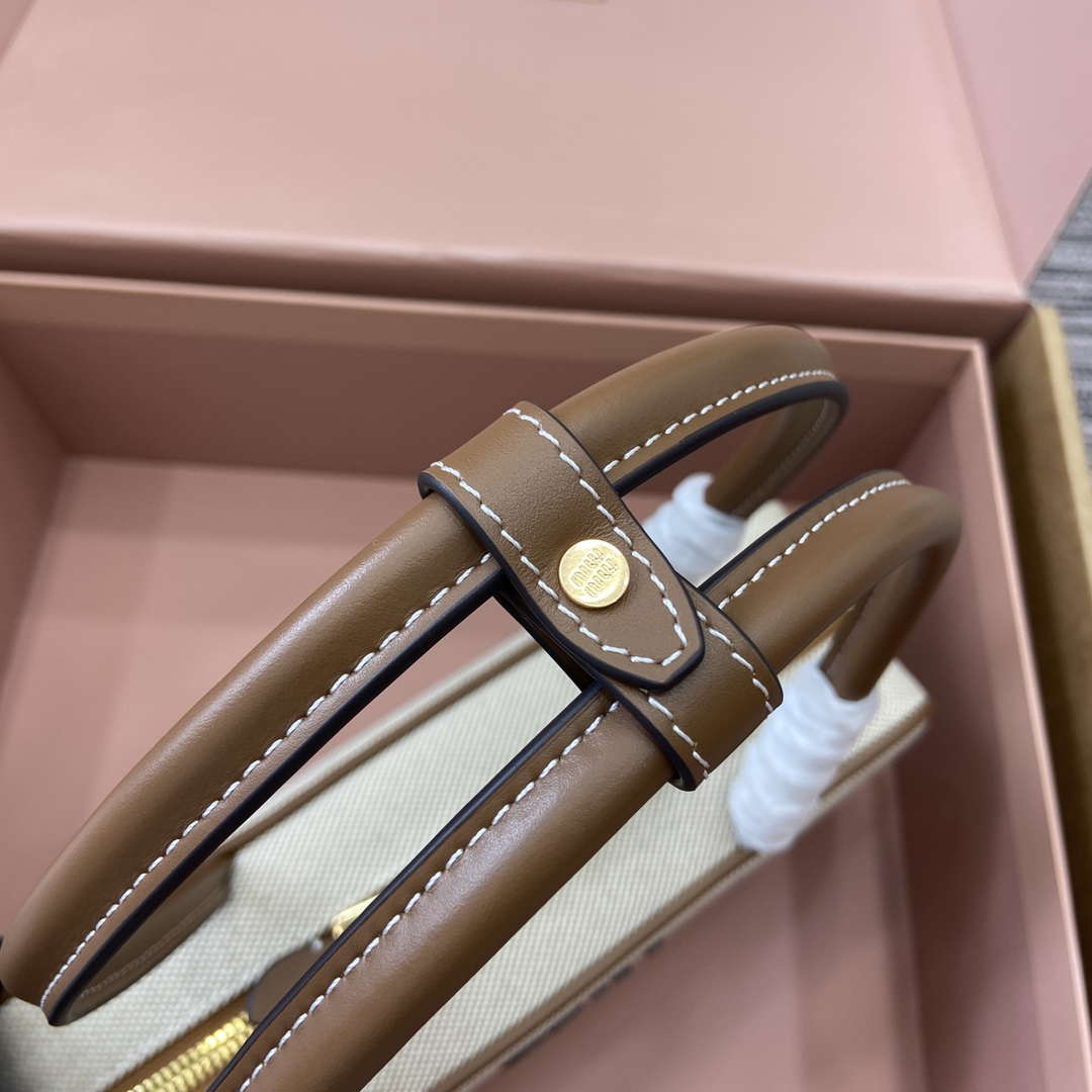 MiuMiu 5BB173 Beau Canvas and Leather Bag Beige/Brandy