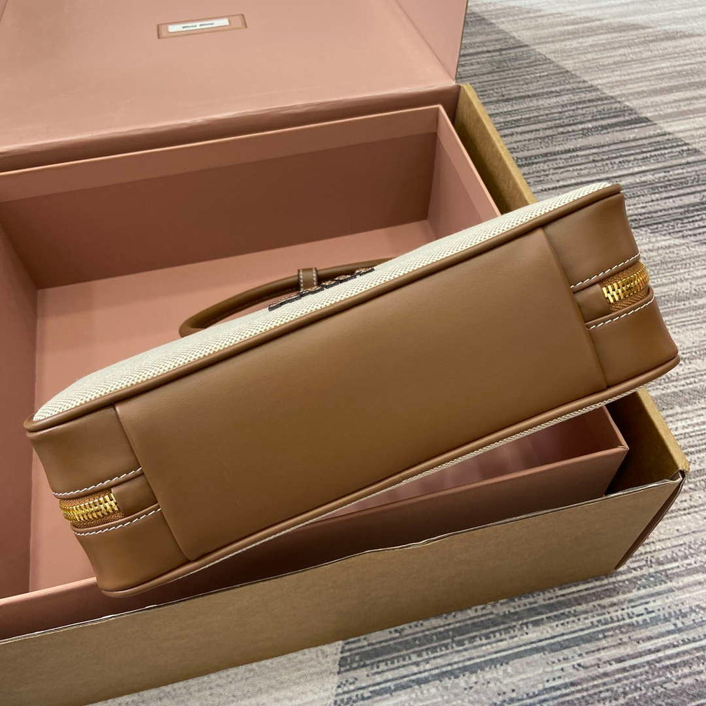 MiuMiu 5BB173 Beau Canvas and Leather Bag Beige/Brandy