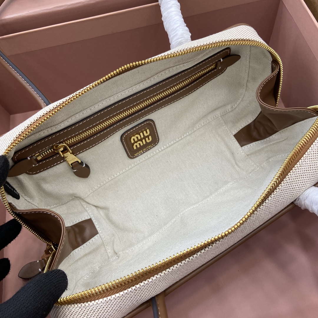 MiuMiu 5BB173 Beau Canvas and Leather Bag Beige/Brandy