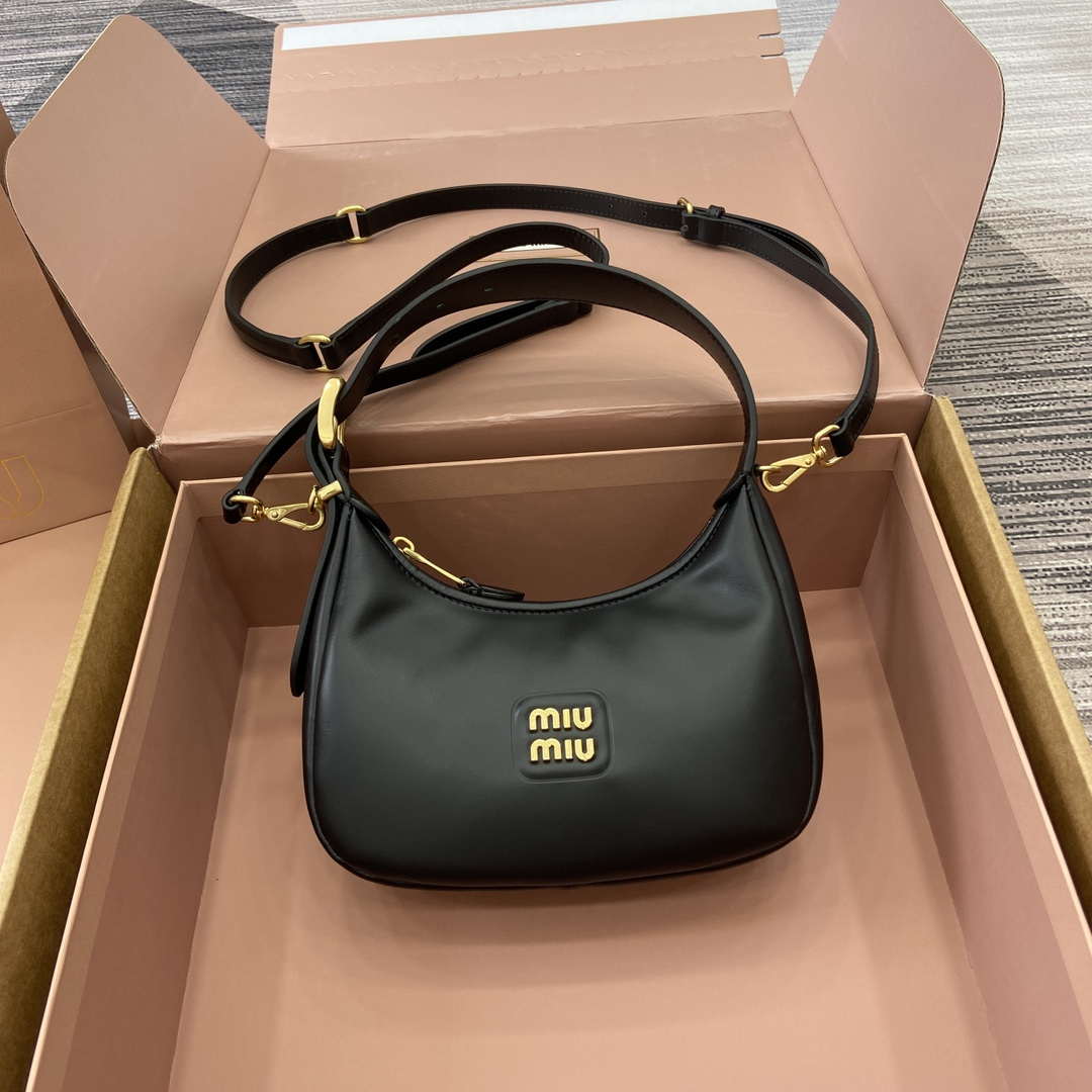 MiuMiu 5BC161 Leather Hobo Shoulder Bag Black