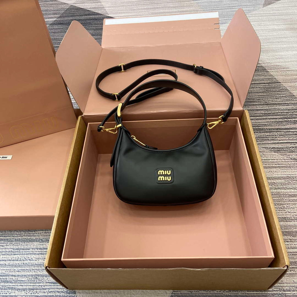 MiuMiu 5BC161 Leather Hobo Shoulder Bag Black