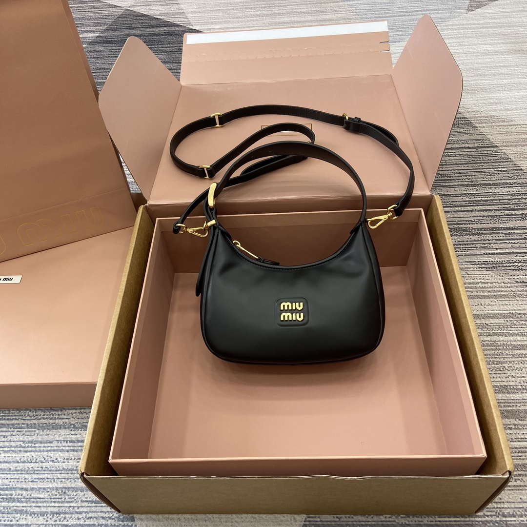 MiuMiu 5BC161 Leather Hobo Shoulder Bag Black