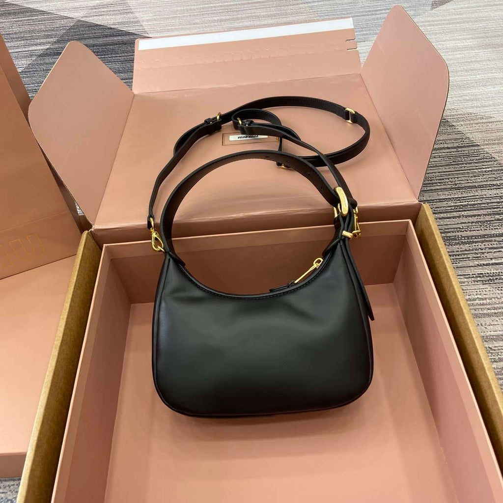 MiuMiu 5BC161 Leather Hobo Shoulder Bag Black