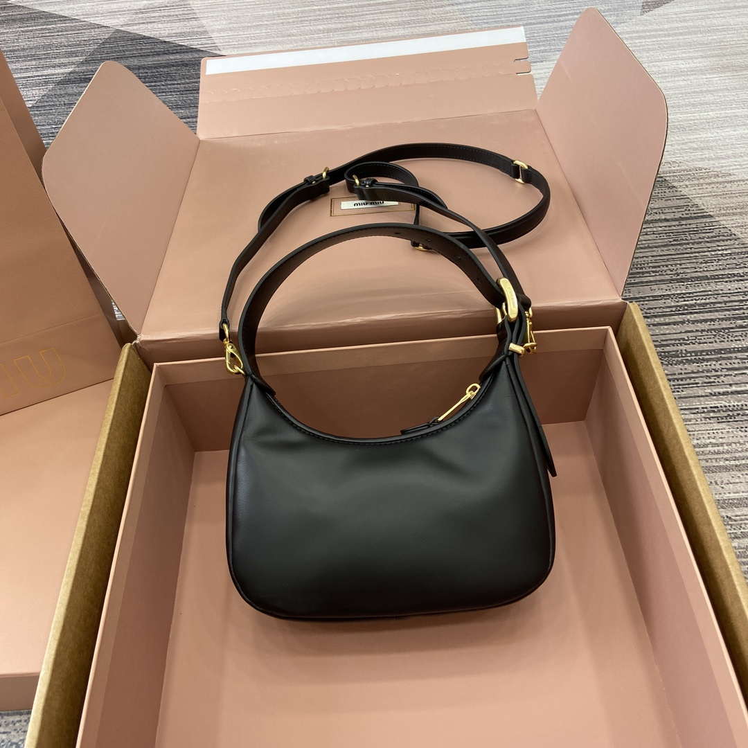 MiuMiu 5BC161 Leather Hobo Shoulder Bag Black
