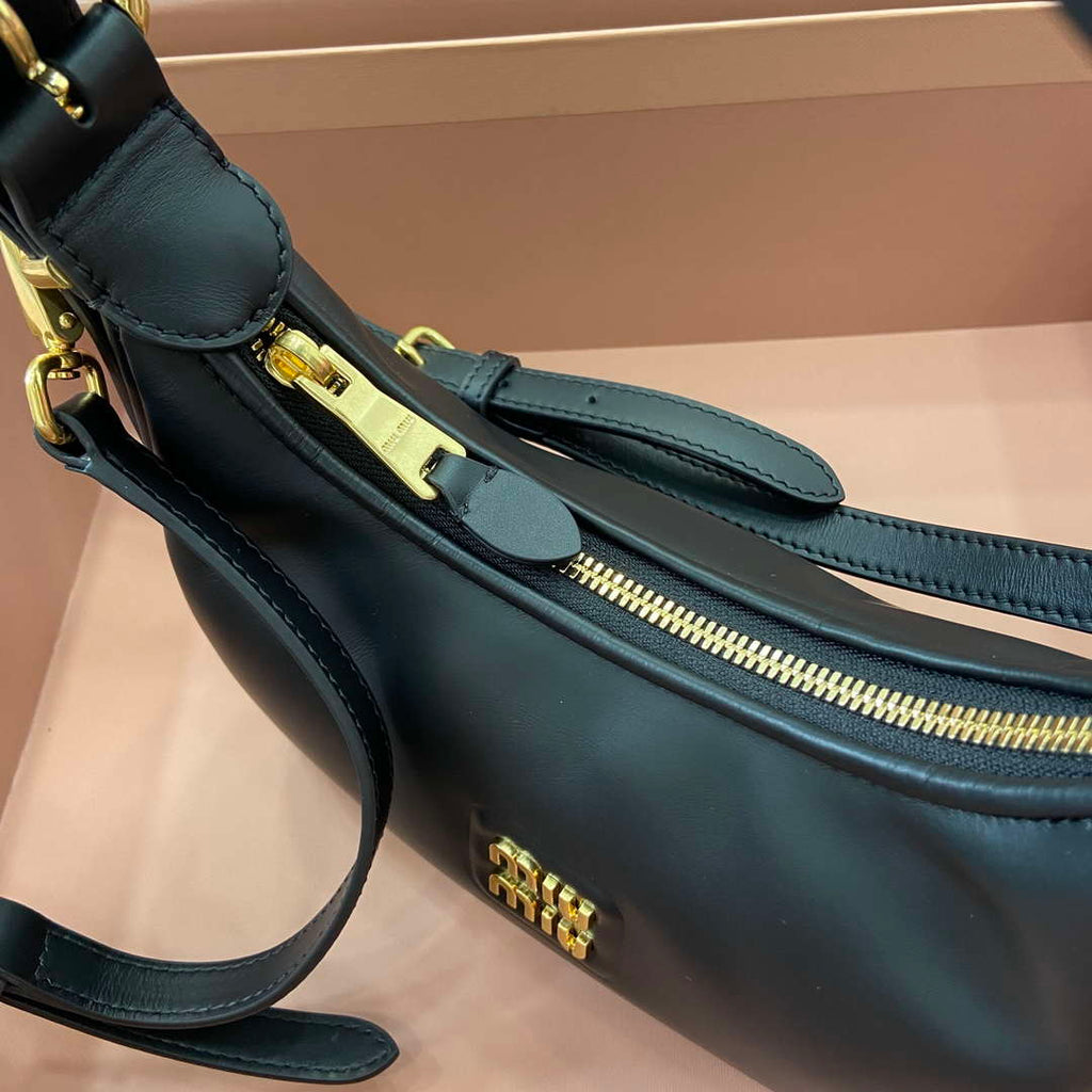 MiuMiu 5BC161 Leather Hobo Shoulder Bag Black