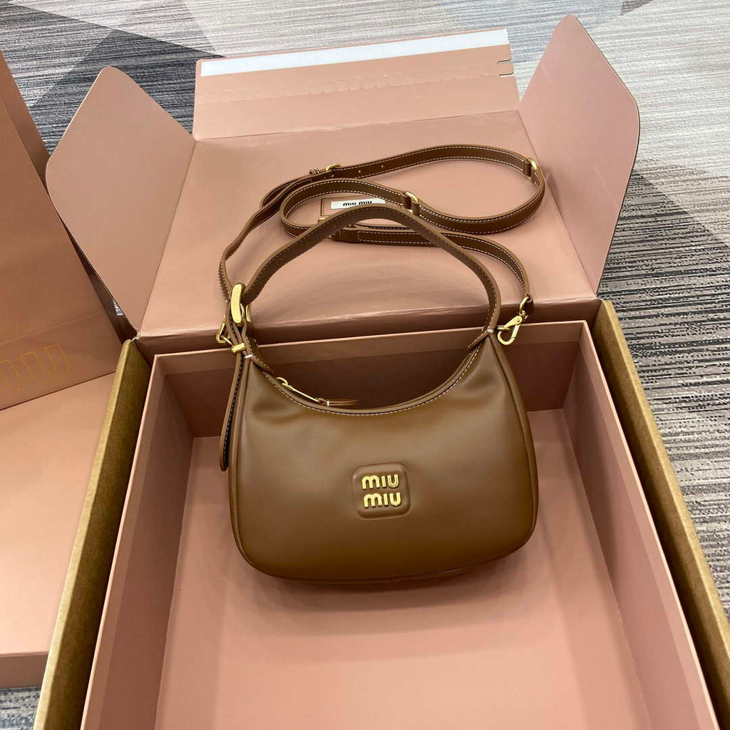 MiuMiu 5BC161 Leather Hobo Shoulder Bag Brown