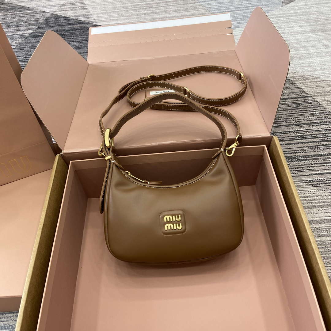 MiuMiu 5BC161 Leather Hobo Shoulder Bag Brown