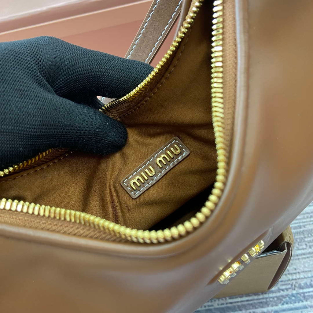 MiuMiu 5BC161 Leather Hobo Shoulder Bag Brown