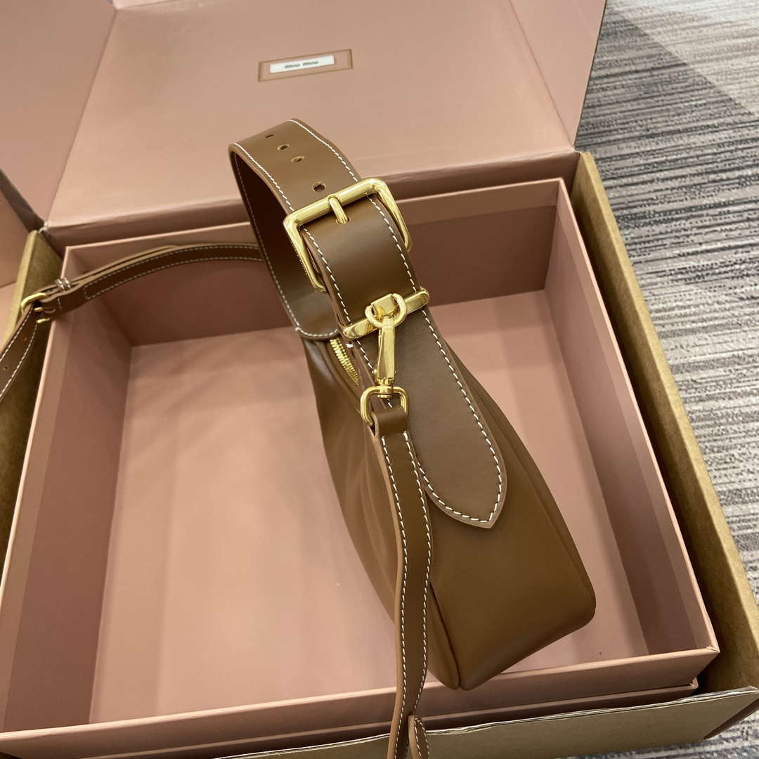 MiuMiu 5BC161 Leather Hobo Shoulder Bag Brown
