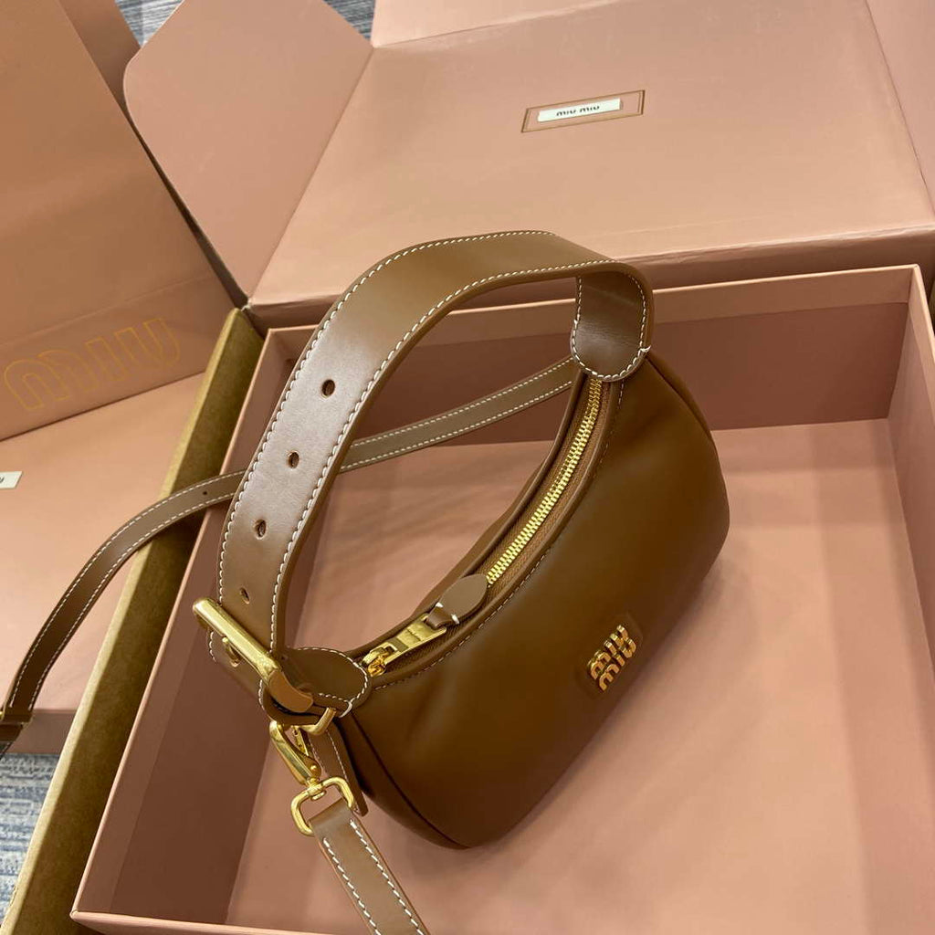 MiuMiu 5BC161 Leather Hobo Shoulder Bag Brown