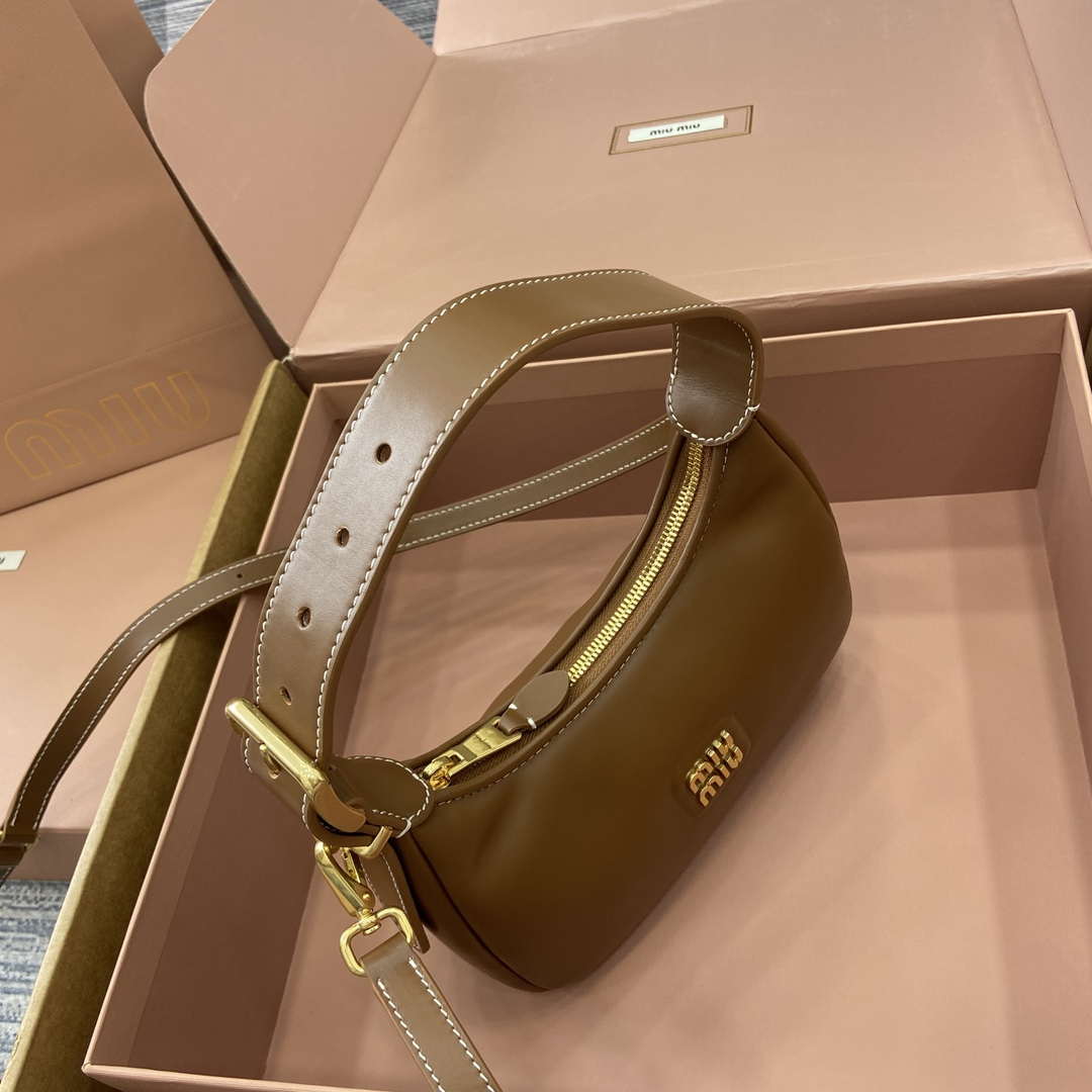 MiuMiu 5BC161 Leather Hobo Shoulder Bag Brown