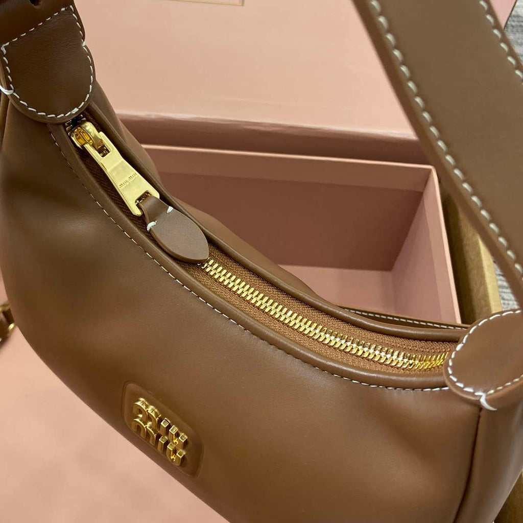 MiuMiu 5BC161 Leather Hobo Shoulder Bag Brown