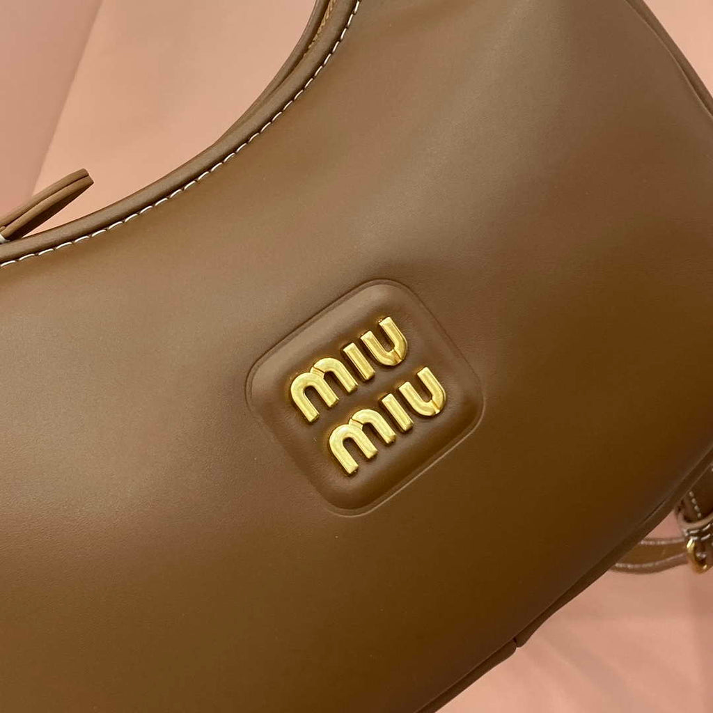 MiuMiu 5BC161 Leather Hobo Shoulder Bag Brown