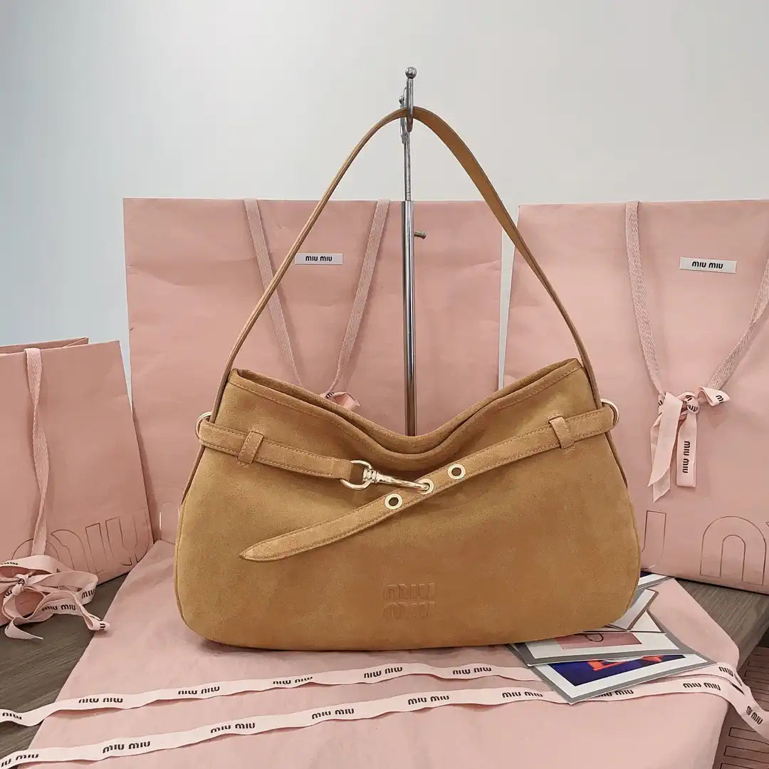 MiuMiu 5BC181 Aventure Suede leather bag Camel