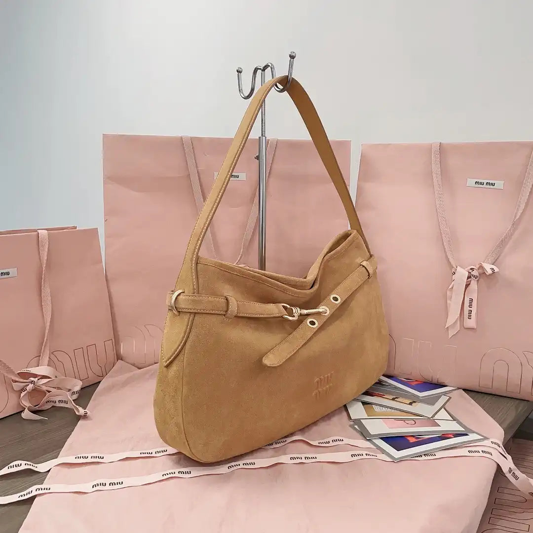 MiuMiu 5BC181 Aventure Suede leather bag Camel